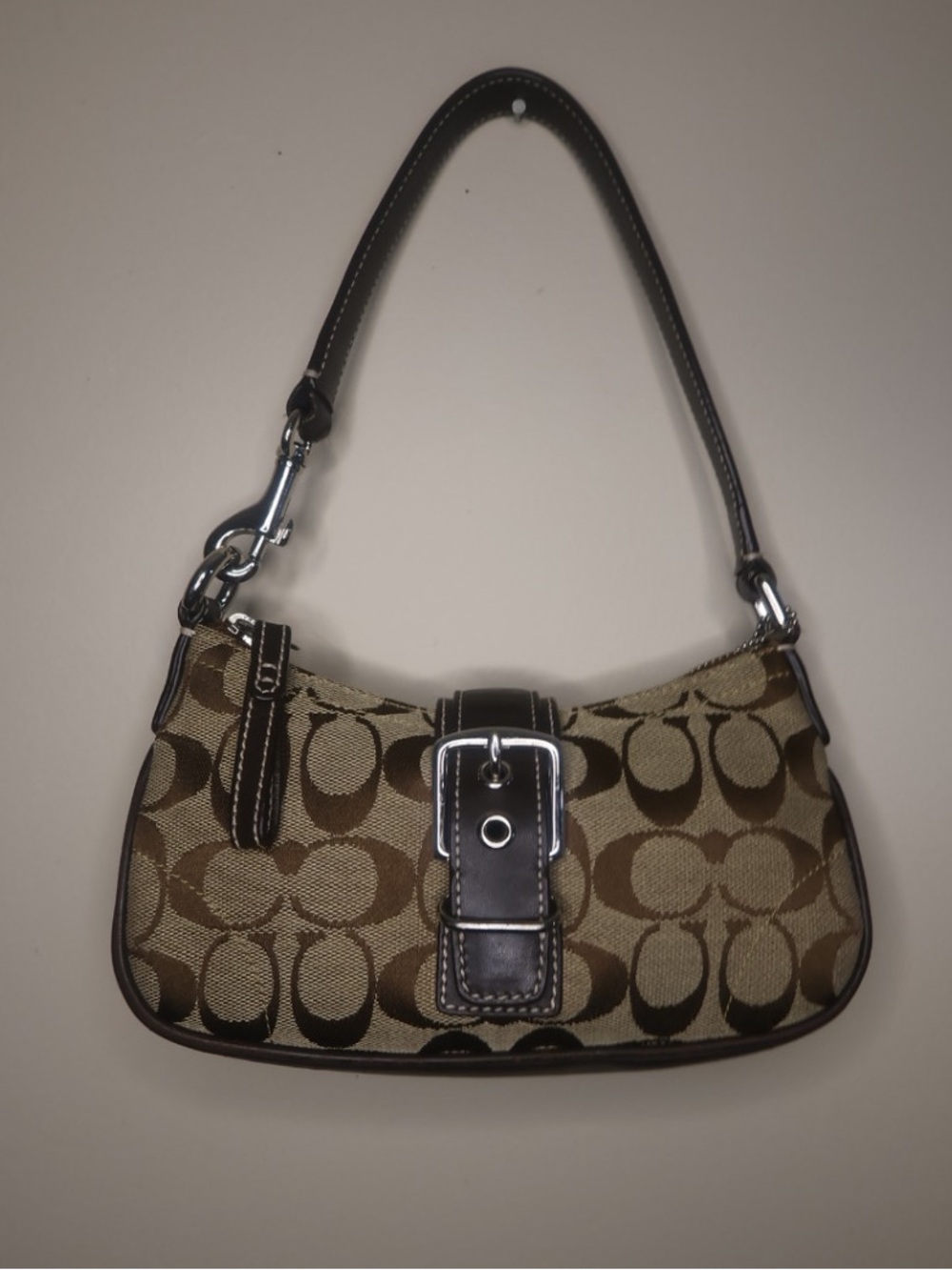 Coach Brown Signature Canvas SoHo Demi Shoulder Bag with Dark Brown Leather Trim